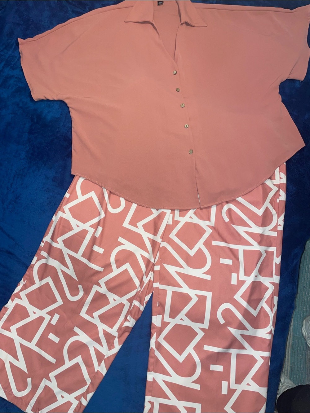 Women's Wide-Leg Graphic Print Pants with Matching Button Shirt - Salmon Pink